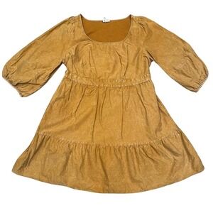 AVA & VIV Women Babydoll Dress 1X Mustard Yellow Boho Cottagecore Tiered Mini